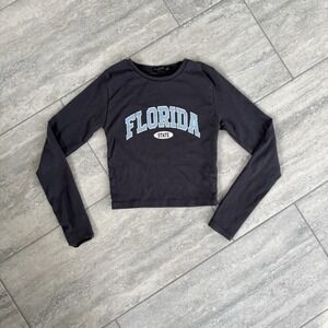 Stradivarius grey cropped long-sleeve graphic top with "FLORIDA STATE" Small